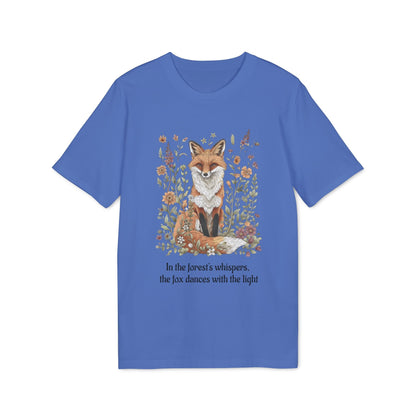 Fox Spirit Whisper Nature Lovers And Free Souls Sustainable Unisex Tee blue t-shirt with fox and wildflower illustration and quote