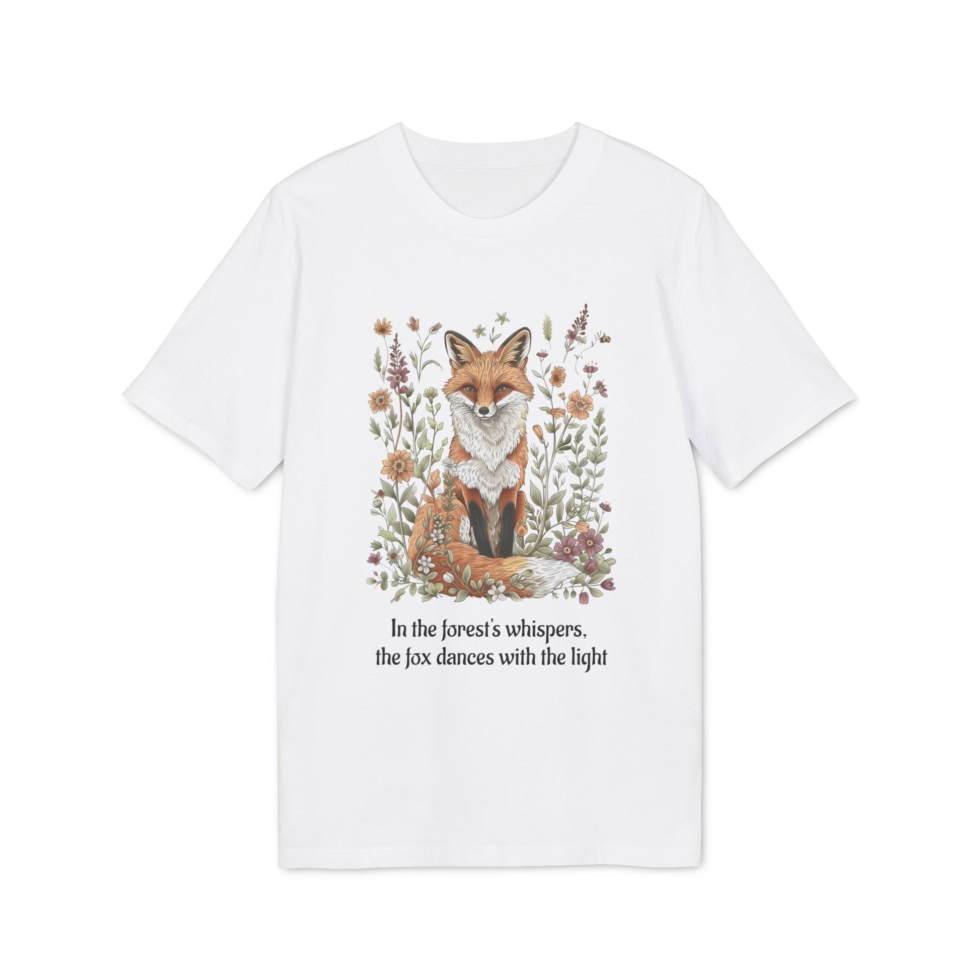 Fox Spirit Whisper Nature Lovers And Free Souls Sustainable Unisex Tee white t-shirt with fox and wildflower illustration and quote graphic