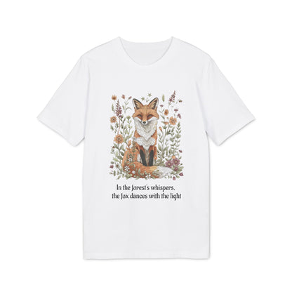Fox Spirit Whisper Nature Lovers And Free Souls Sustainable Unisex Tee white t-shirt with fox and wildflower illustration and quote graphic
