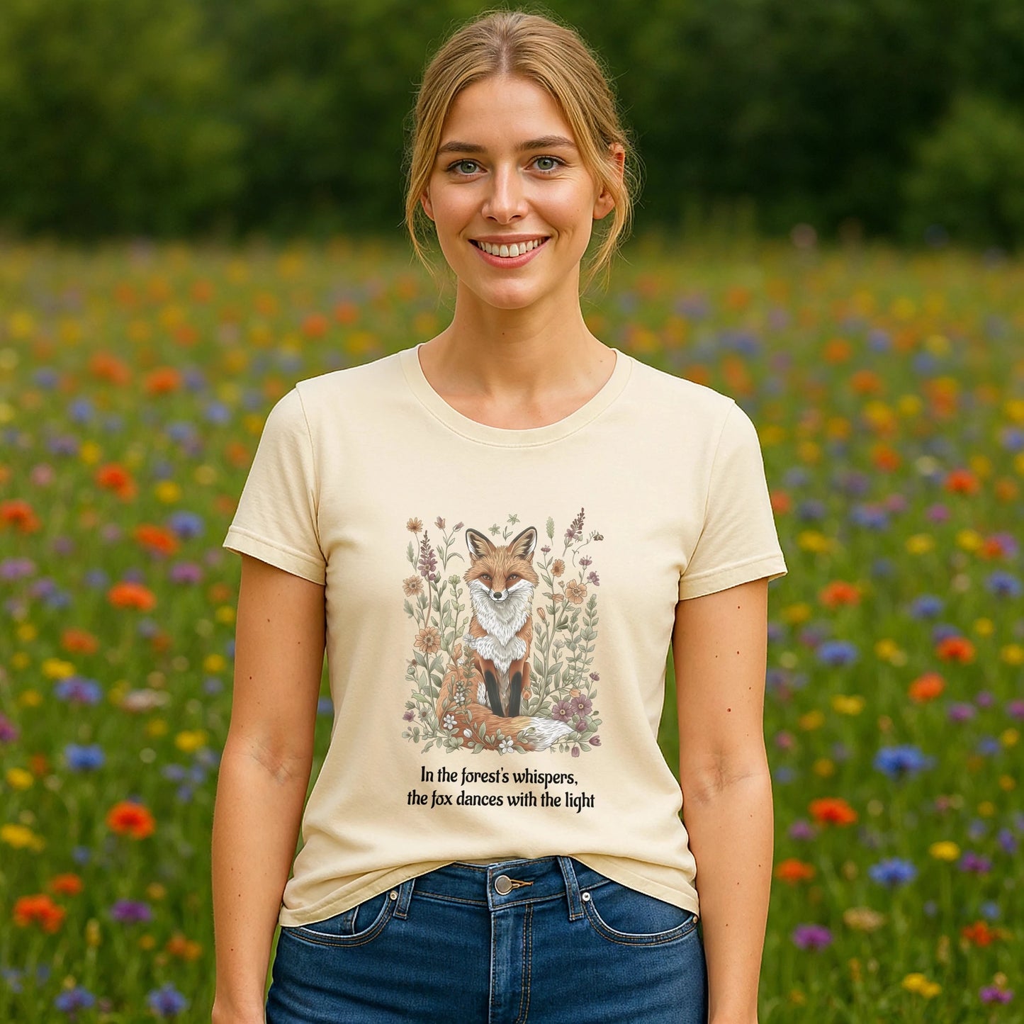Alt Tag: Fox Spirit Whisper Nature Lovers And Free Souls Sustainable Unisex Tee worn by woman, fox graphic shirt in wildflower meadow