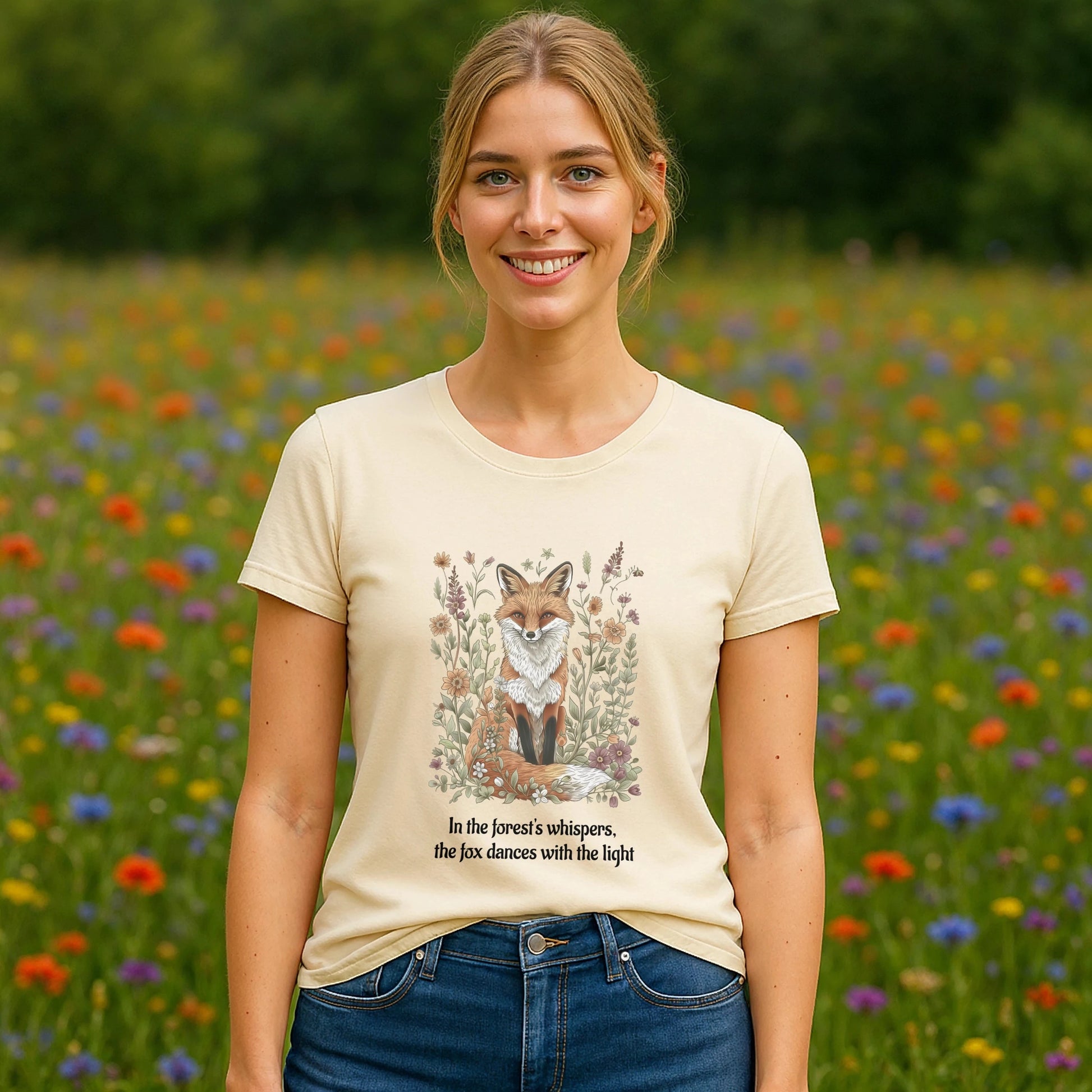 Alt Tag: Fox Spirit Whisper Nature Lovers And Free Souls Sustainable Unisex Tee worn by woman, fox graphic shirt in wildflower meadow