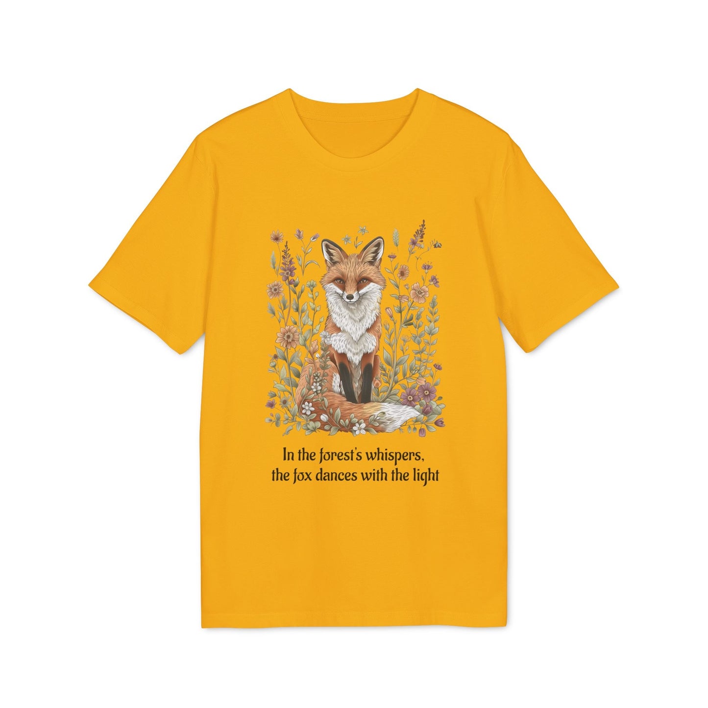 Alt Tag: Fox Spirit Whisper Nature Lovers And Free Souls Sustainable Unisex Tee camiseta unisex sostenible amarilla con zorro y flores