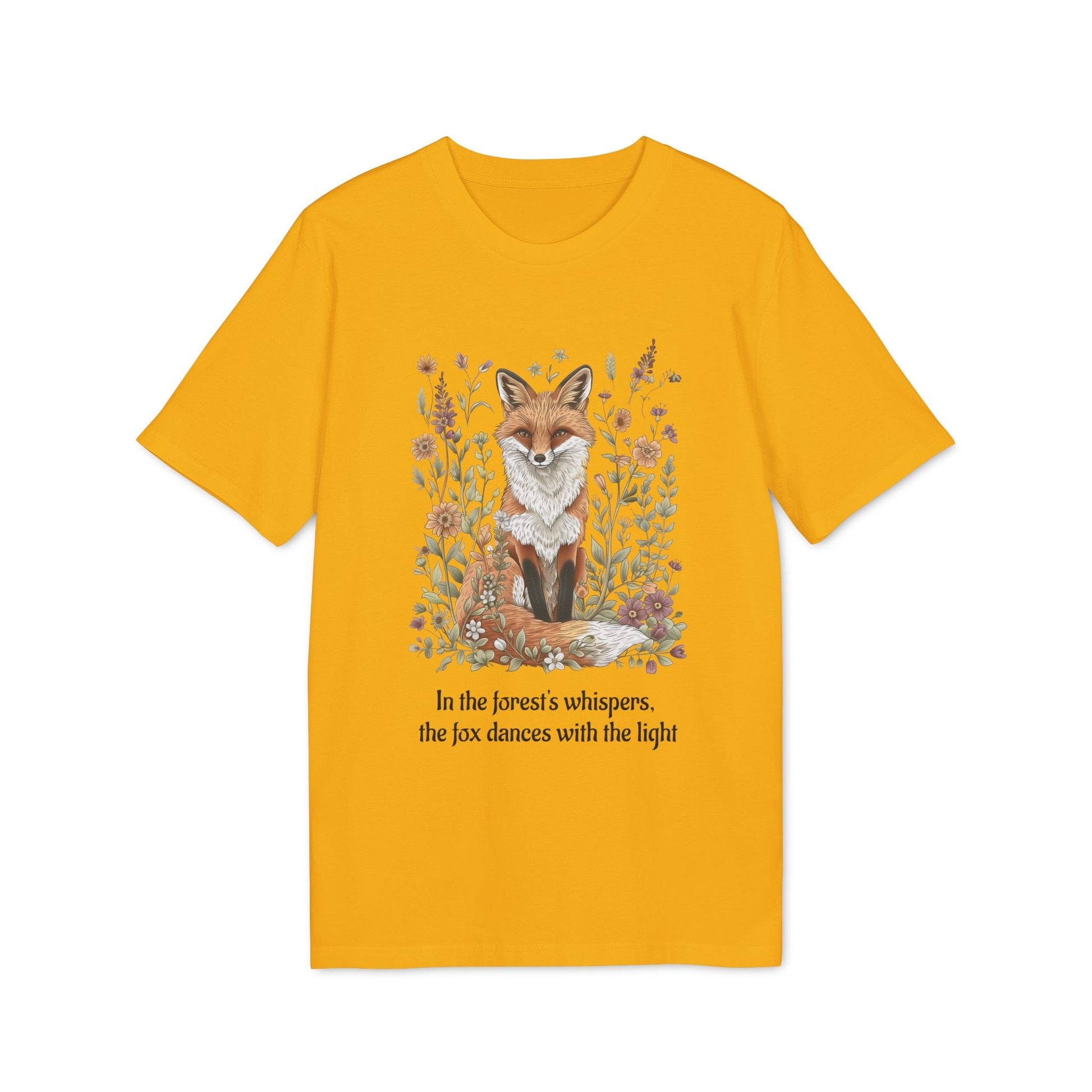 Alt Tag: Fox Spirit Whisper Nature Lovers And Free Souls Sustainable Unisex Tee camiseta unisex sostenible amarilla con zorro y flores