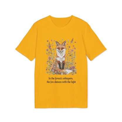 Alt Tag: Fox Spirit Whisper Nature Lovers And Free Souls Sustainable Unisex Tee camiseta unisex sostenible amarilla con zorro y flores