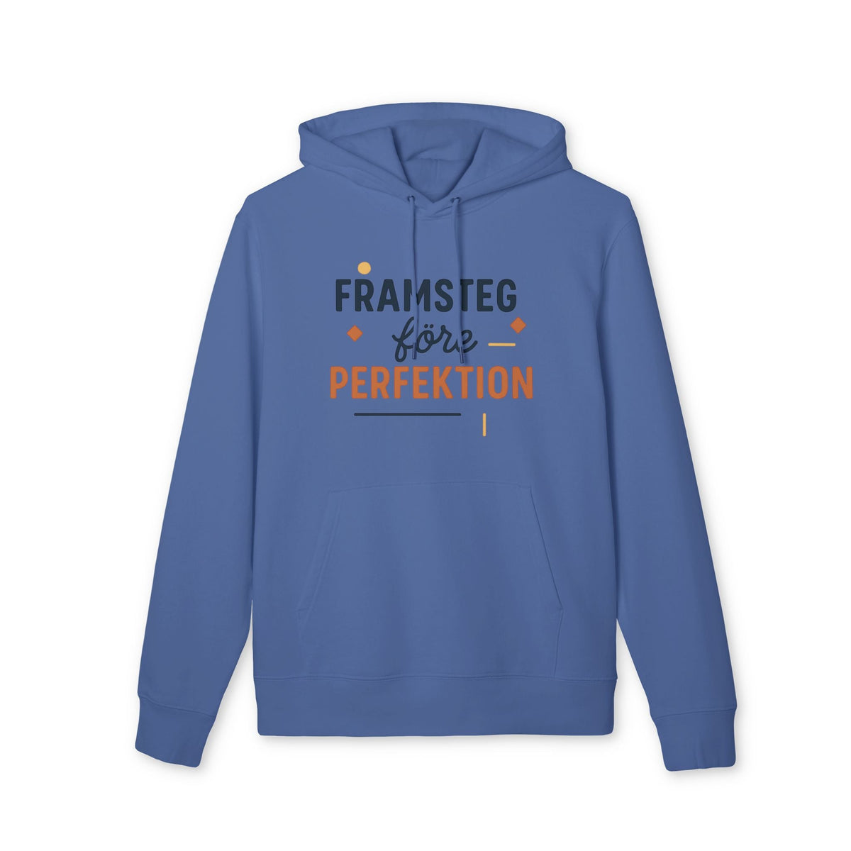 Alt-tag: Framsteg Före Perfektion Premium Unisex-hoodie i blått med tryckt text ”Framsteg före Perfektion” på framsidan