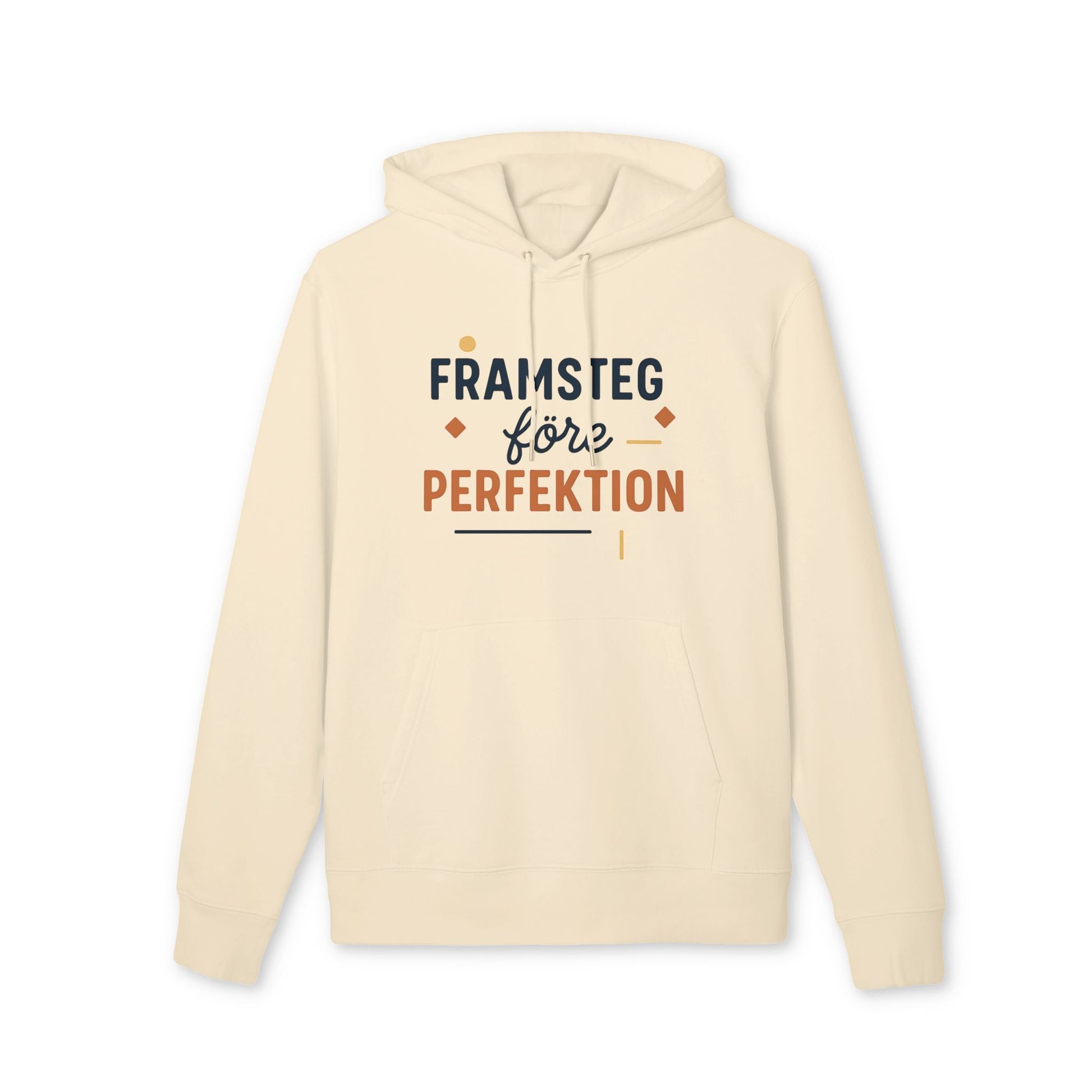 Alt Tag: Framsteg Före Perfektion Premium Unisex-hoodie i ekologisk bomull, beige hoodie med trycket “Framsteg före Perfektion”
