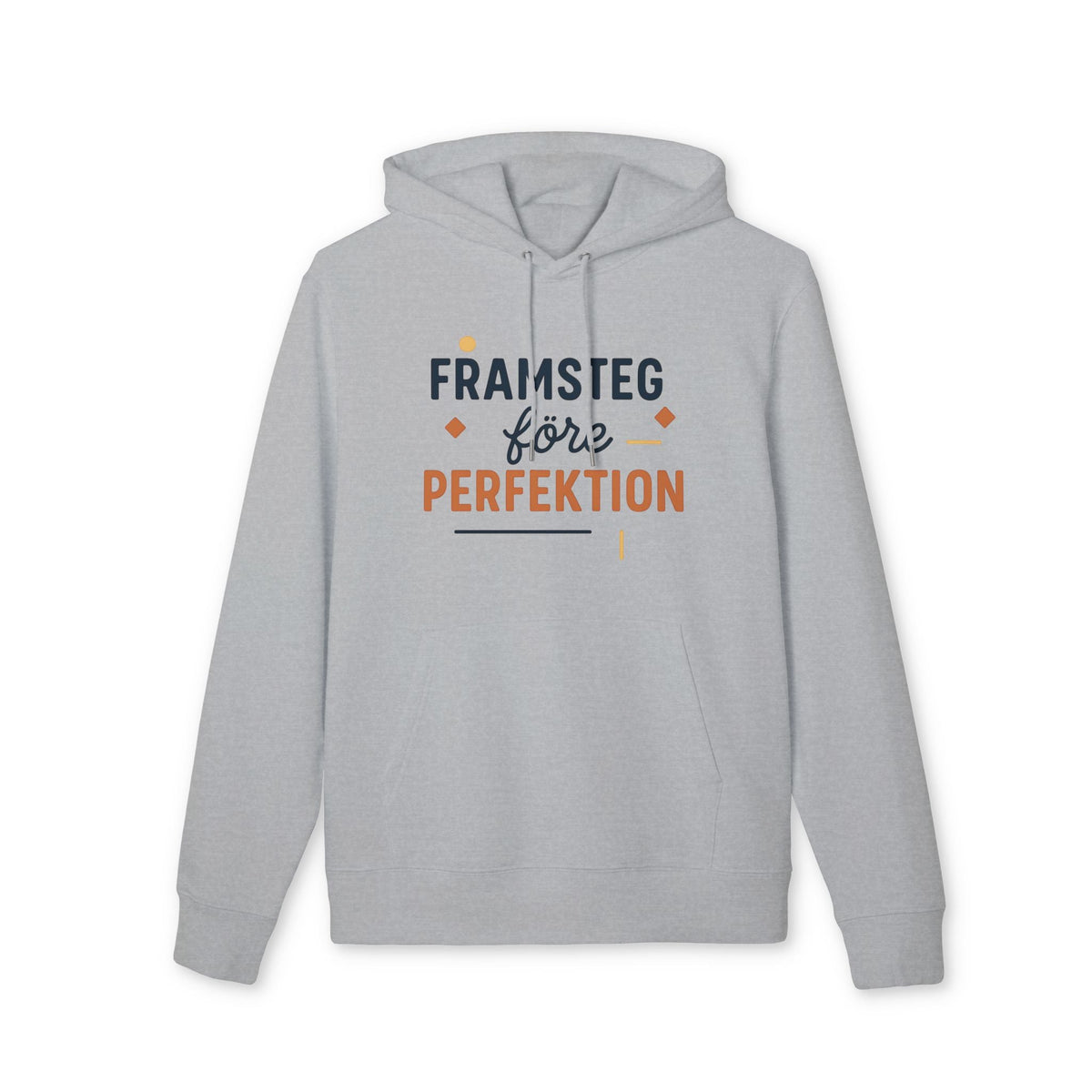 Framsteg Före Perfektion Premium Unisex Hoodie i ljusgrå ekologisk bomull med trycket “Framsteg före Perfektion”