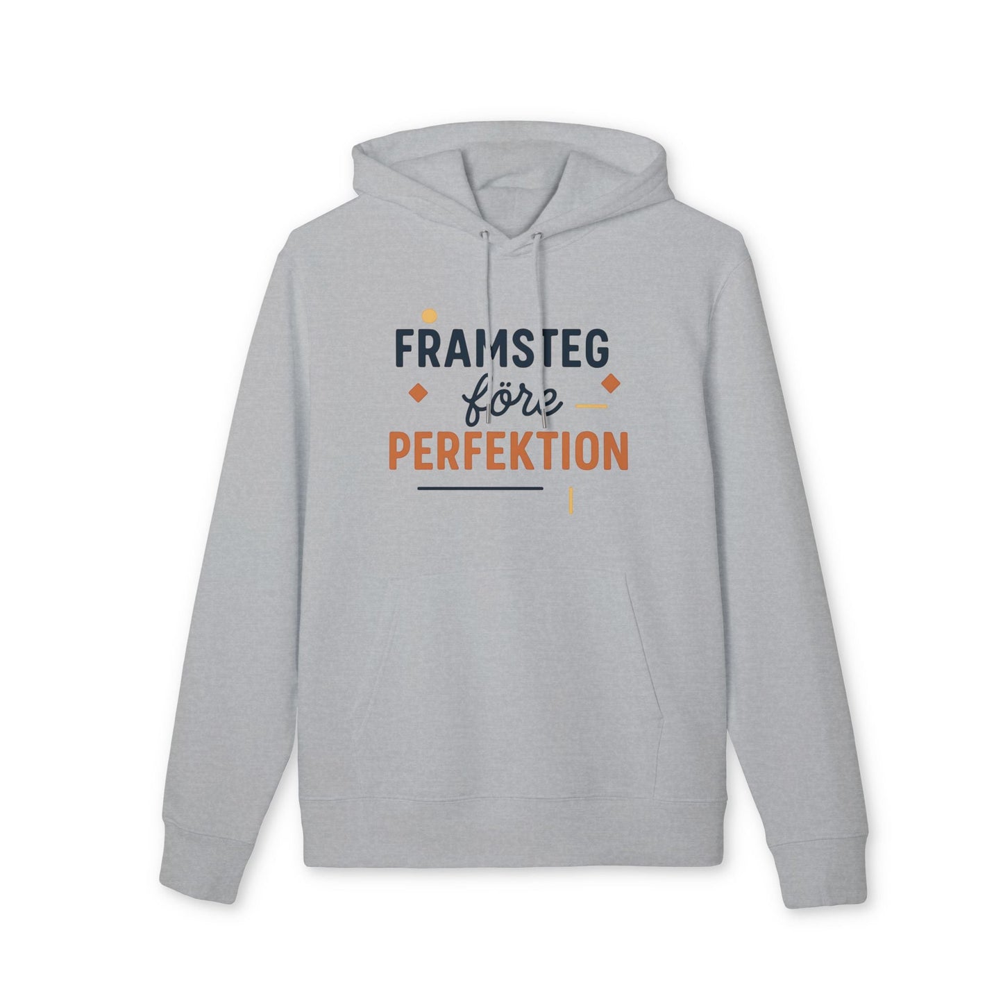 Framsteg Före Perfektion Premium Unisex Hoodie i ljusgrå ekologisk bomull med trycket “Framsteg före Perfektion”
