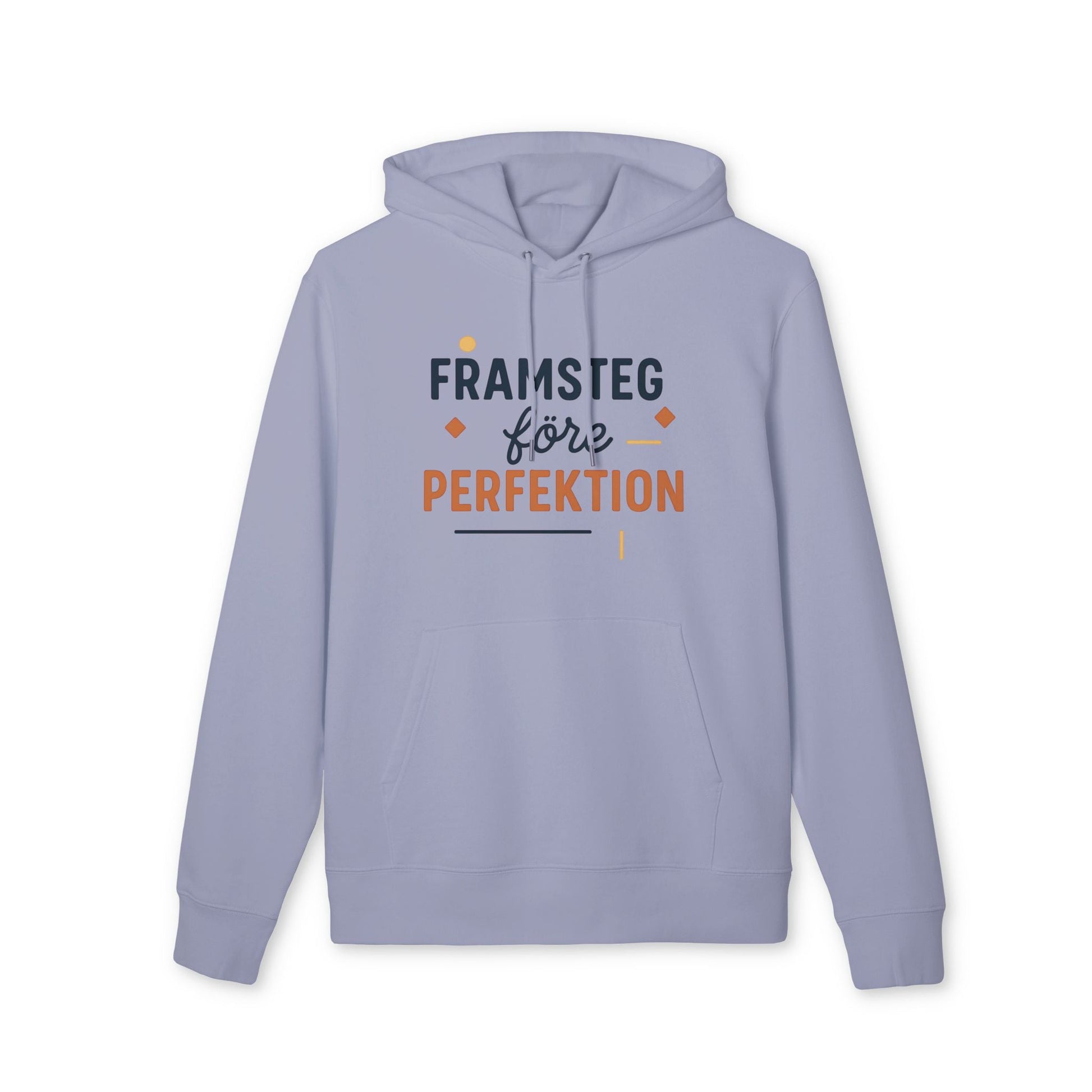 Framsteg Före Perfektion Premium Unisex Hoodie i ljuslila med trycket "Framsteg före Perfektion" på framsidan