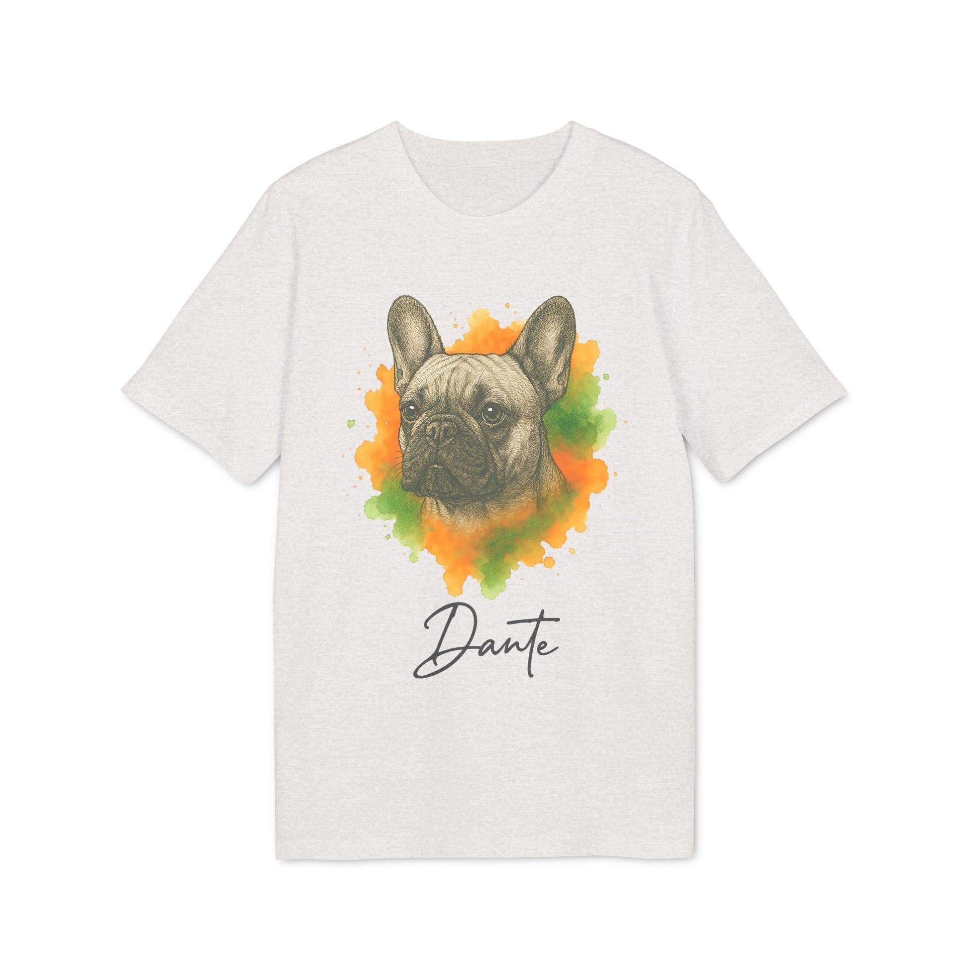 French Bulldog Personalized Premium Unisex T-Shirt, white tee with French bulldog watercolor portrait and personalized name Dante