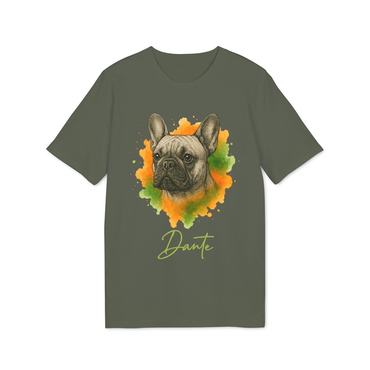 French Bulldog Personalized Premium Unisex T-Shirt verde oliva con retrato de bulldog francés en acuarela y nombre personalizado “Dante”