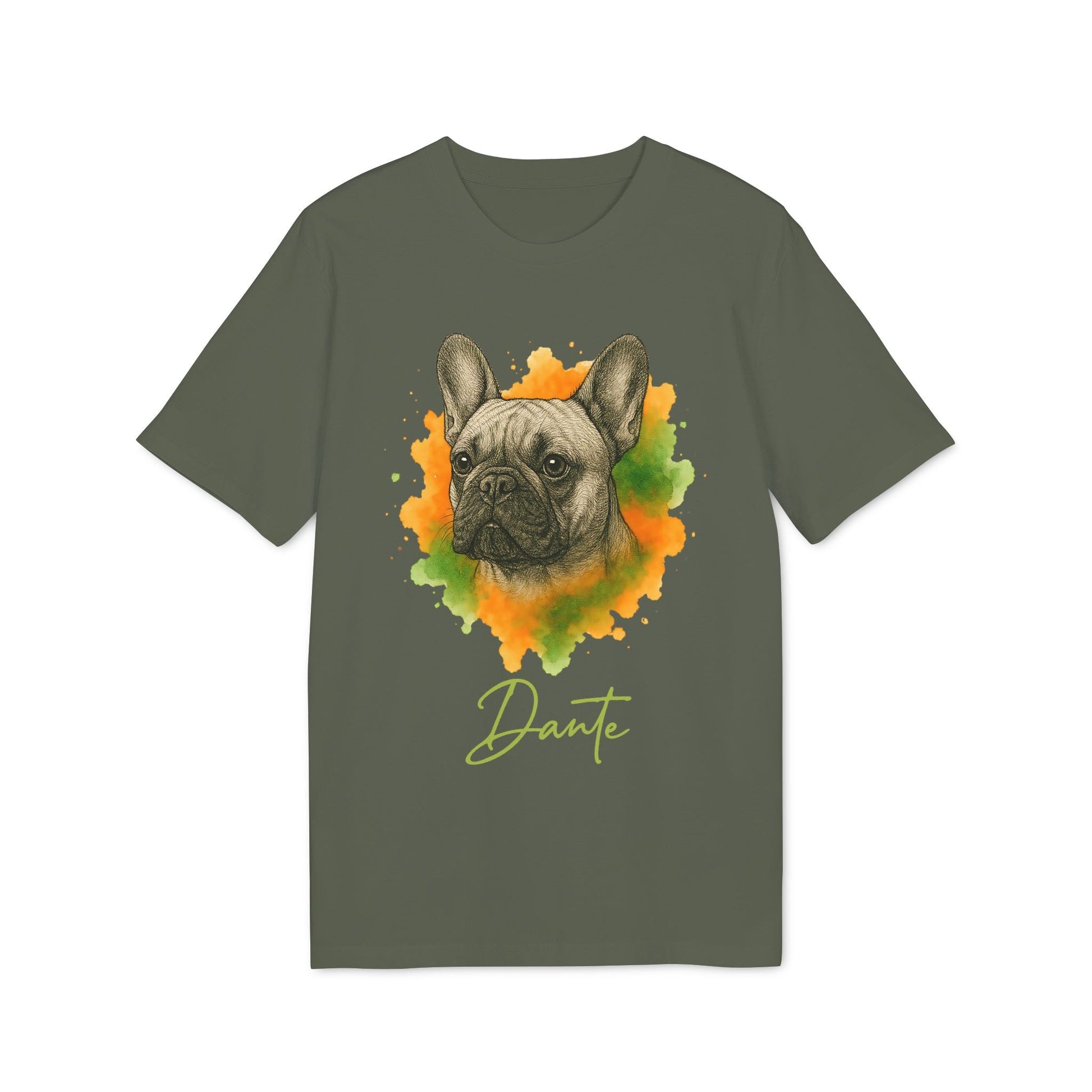 French Bulldog Personalized Premium Unisex T-Shirt verde oliva con retrato de bulldog francés en acuarela y nombre personalizado “Dante”