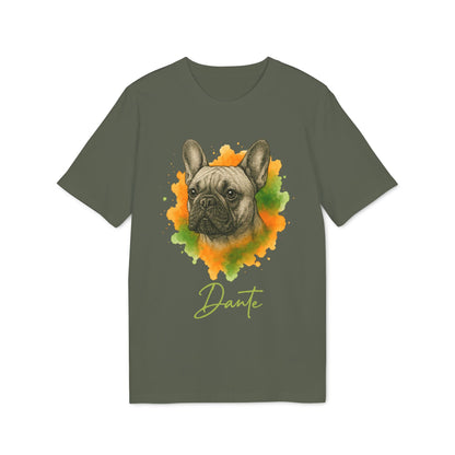 French Bulldog Personalized Premium Unisex T-Shirt verde oliva con retrato de bulldog francés en acuarela y nombre personalizado “Dante”