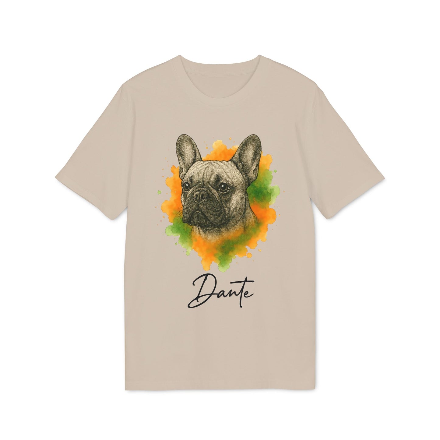 French Bulldog Personalized Premium Unisex T-Shirt beige with French bulldog watercolor portrait and personalized name "Dante"