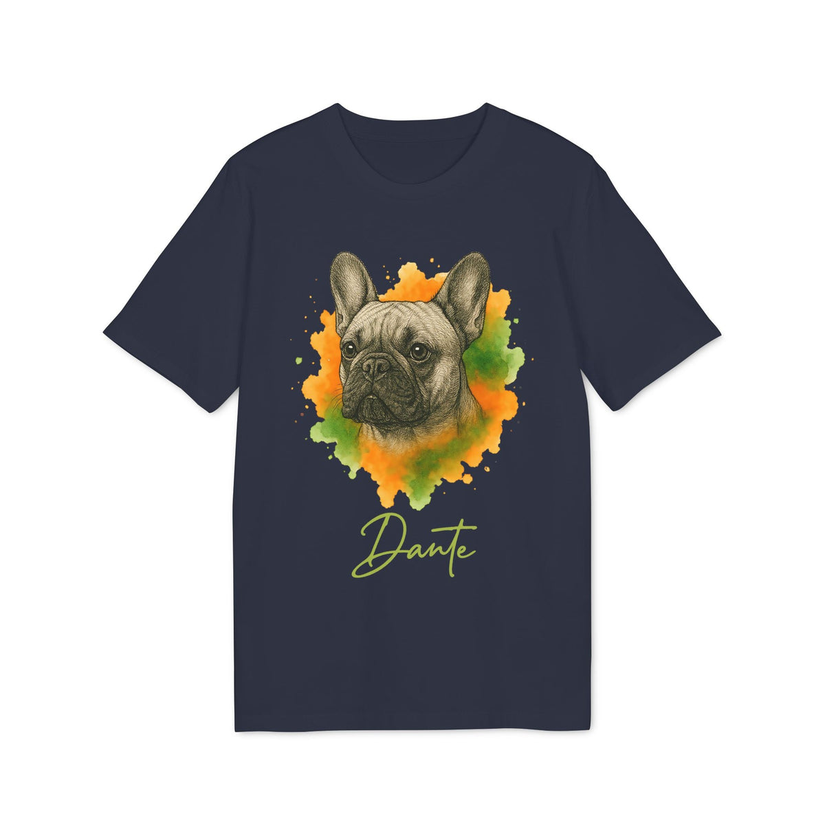 Alt Tag: French Bulldog Personalized Premium Unisex T-Shirt navy with French bulldog watercolor portrait and custom name Dante