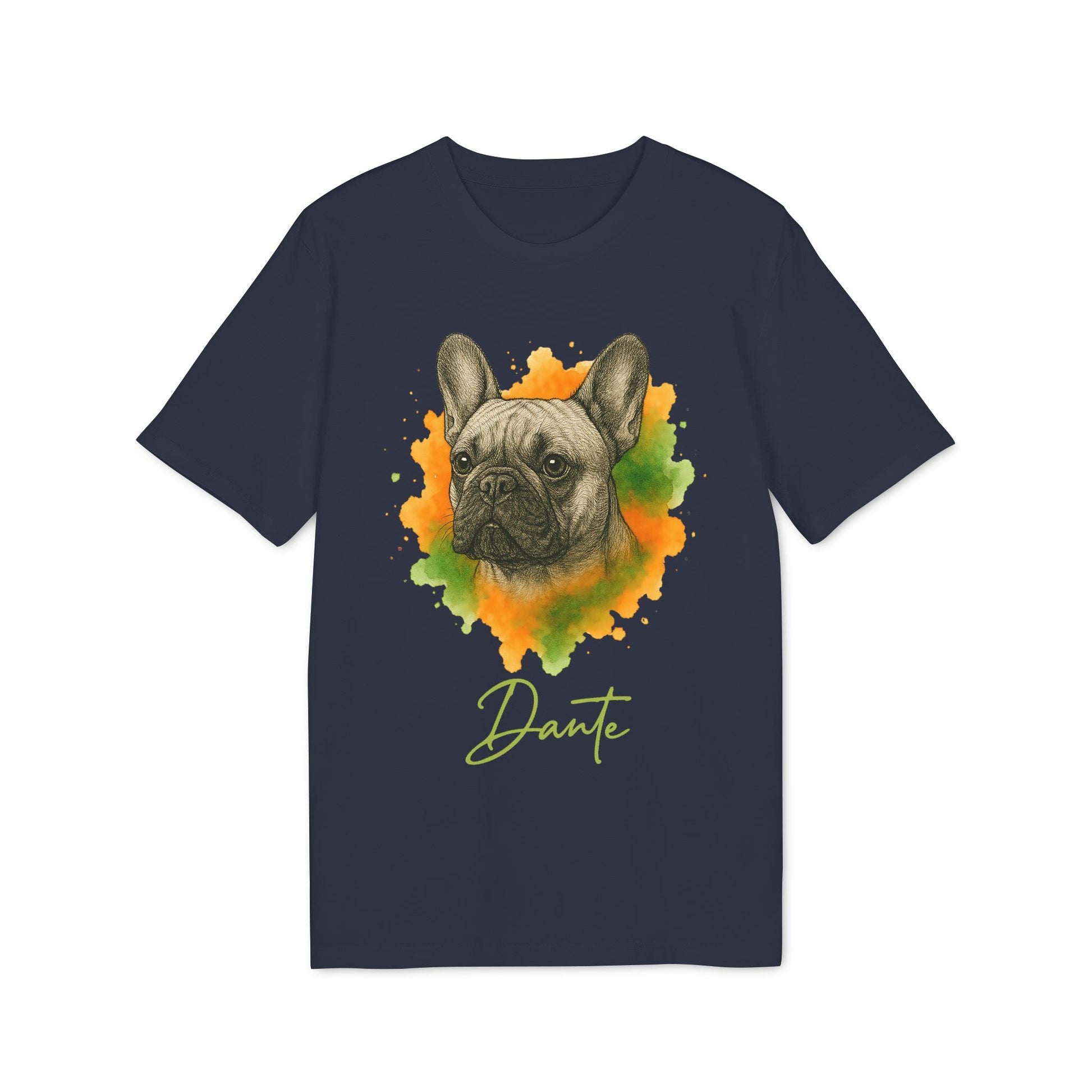 Alt Tag: French Bulldog Personalized Premium Unisex T-Shirt navy with French bulldog watercolor portrait and custom name Dante