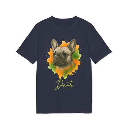 Alt Tag: French Bulldog Personalized Premium Unisex T-Shirt navy with French bulldog watercolor portrait and custom name Dante