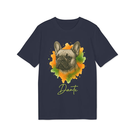 Alt Tag: French Bulldog Personalized Premium Unisex T-Shirt navy with French bulldog watercolor portrait and custom name Dante