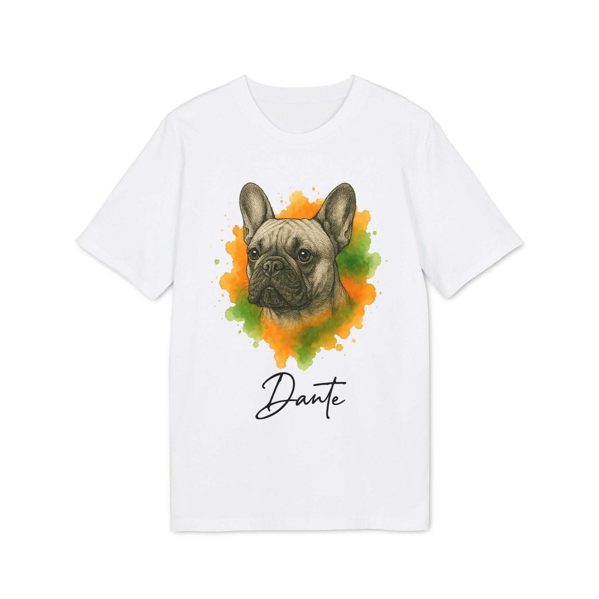 French Bulldog Personalized Premium Unisex T-Shirt in white with French bulldog watercolor portrait and custom name Dante
