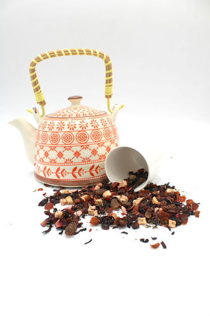 Fruity Forest Artisan Tea – 50G mezcla de té de frutos del bosque con tetera decorada y cucharita, ingredientes naturales como hibisco y bayas