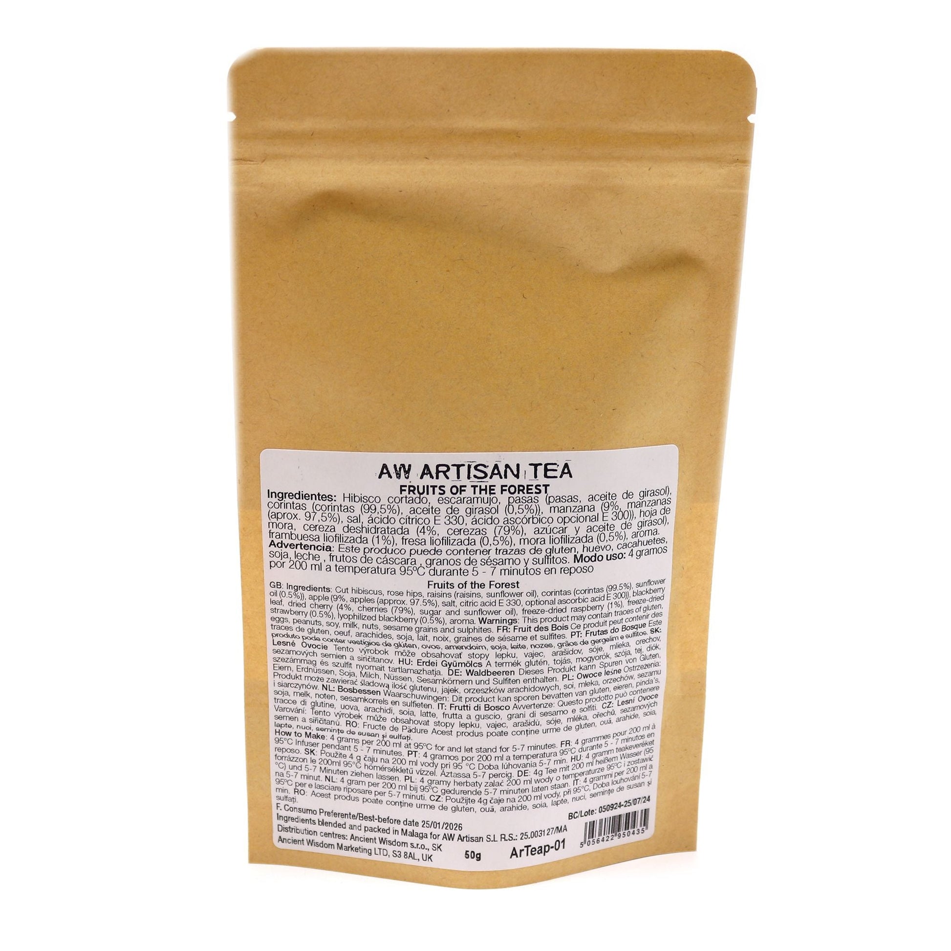 Fruity Forest Artisan Tea – 50G bolsa kraft con etiqueta AW Artisan Tea Fruits of the Forest, mezcla de frutos del bosque