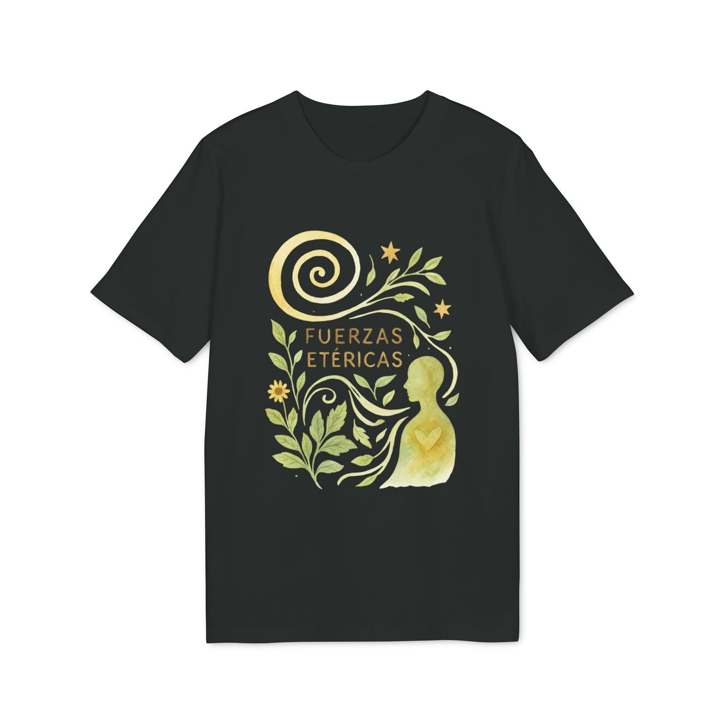 Fuerzas Etericas Waldorf Premium Unisex T-Shirt negra con ilustración dorada de figura, hojas, espiral y estrellas, texto “Fuerzas Etéricas”