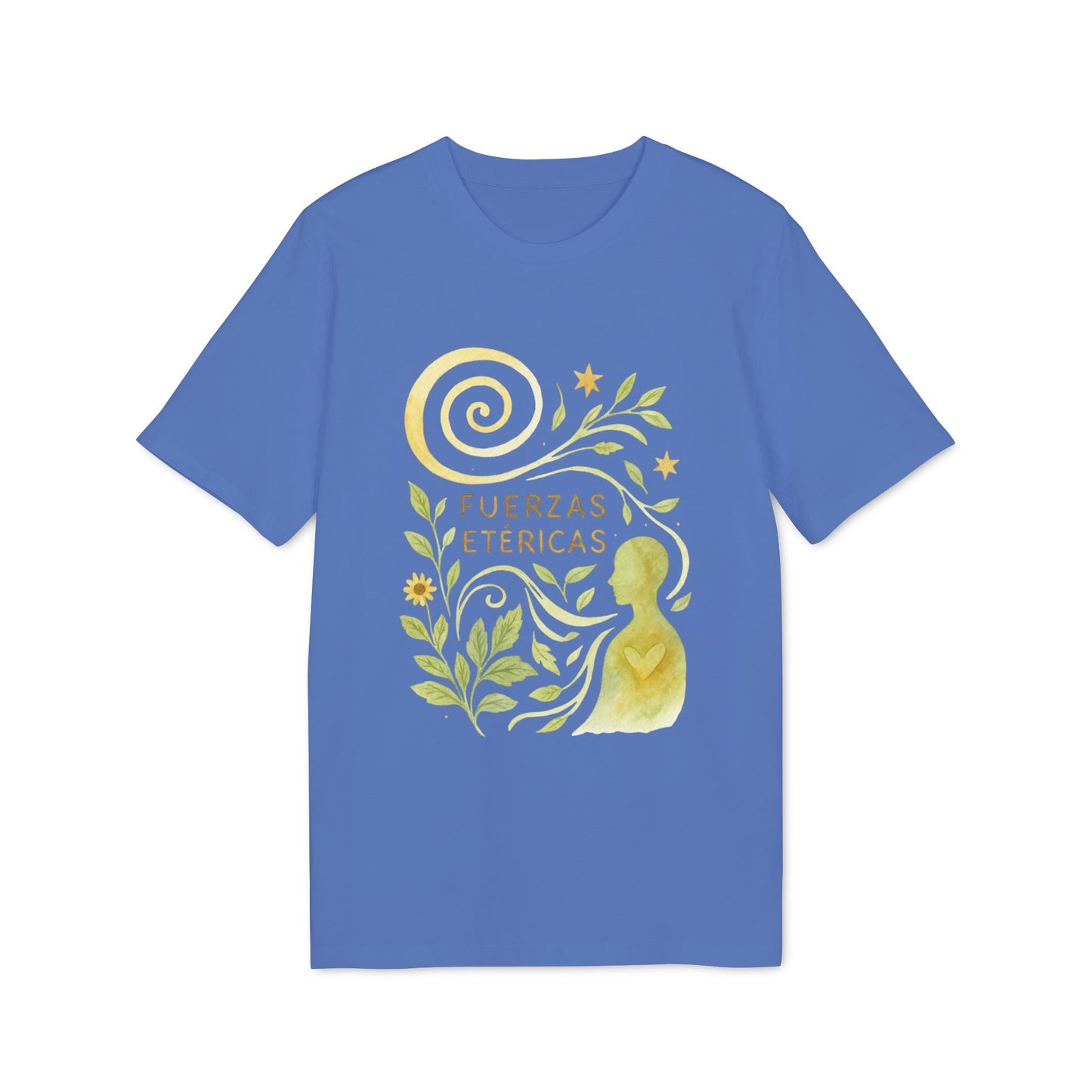 Alt Tag: Fuerzas Etericas Waldorf Premium Unisex T-Shirt azul con ilustración de espiral, hojas y figura humana, texto “Fuerzas Etericas”