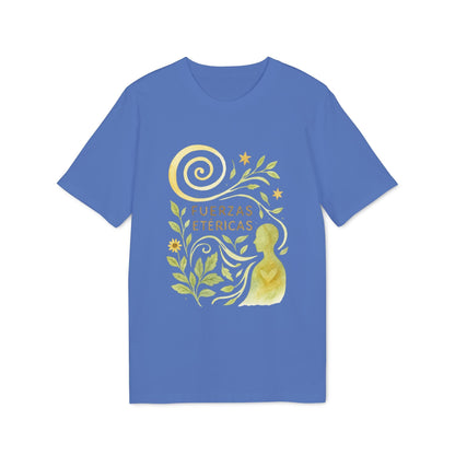 Alt Tag: Fuerzas Etericas Waldorf Premium Unisex T-Shirt azul con ilustración de espiral, hojas y figura humana, texto “Fuerzas Etericas”