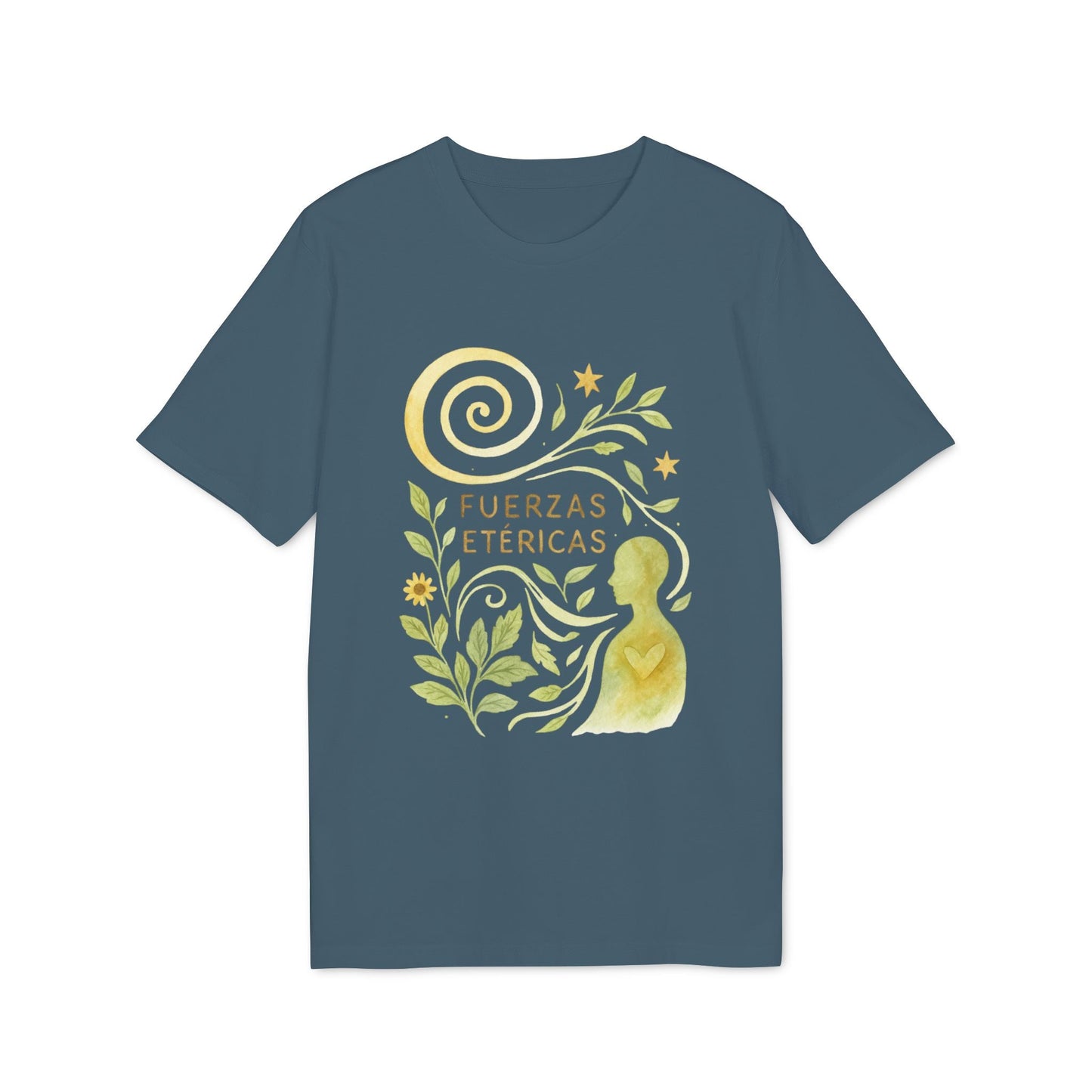 Alt Tag: Fuerzas Etericas Waldorf Premium Unisex T-Shirt azul con ilustración de figura, espiral lunar, hojas y texto “Fuerzas Etéricas”