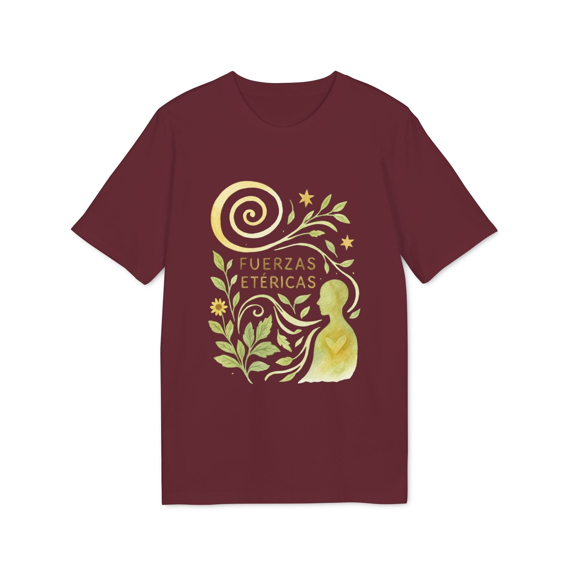 Alt Tag: Fuerzas Etericas Waldorf Premium Unisex T-Shirt en color burdeos con ilustración dorada de mujer, luna en espiral, hojas y estrellas