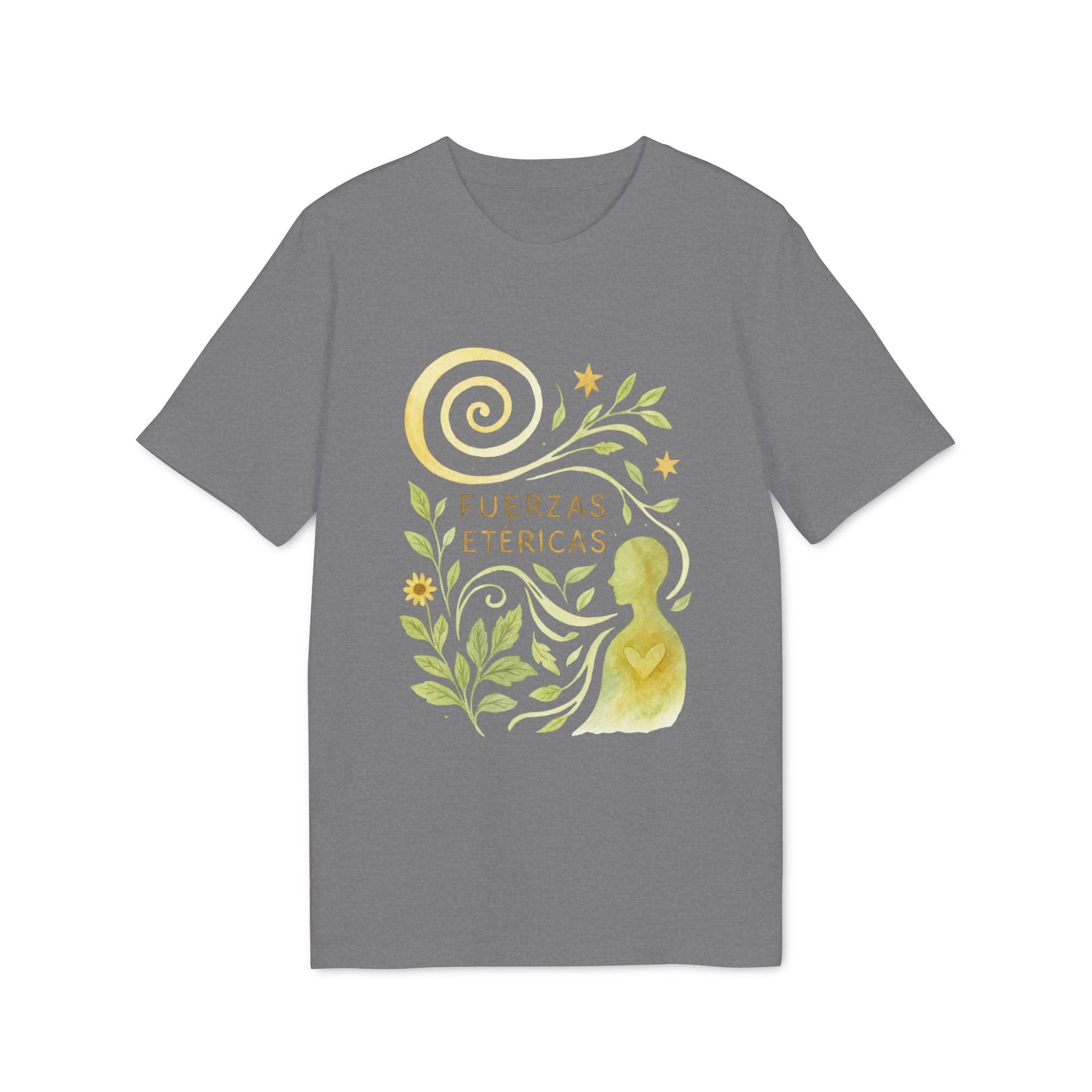 Alt Tag: Fuerzas Etericas Waldorf Premium Unisex T-Shirt gris con ilustración de luna, hojas y silueta, texto “Fuerzas Etericas”