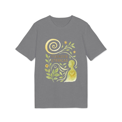 Alt Tag: Fuerzas Etericas Waldorf Premium Unisex T-Shirt gris con ilustración de luna, hojas y silueta, texto “Fuerzas Etericas”