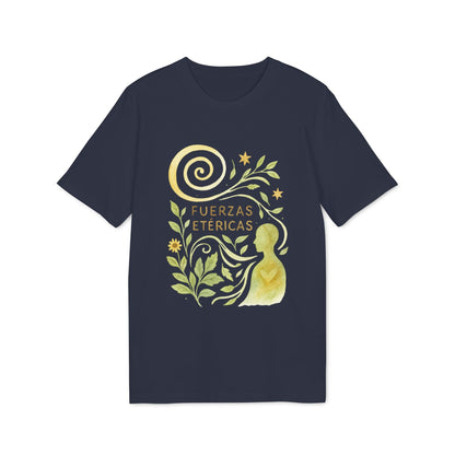 Alt Tag: Fuerzas Etericas Waldorf Premium Unisex T-Shirt azul marino con ilustración dorada de naturaleza, espiral lunar y texto “Fuerzas Etéricas”