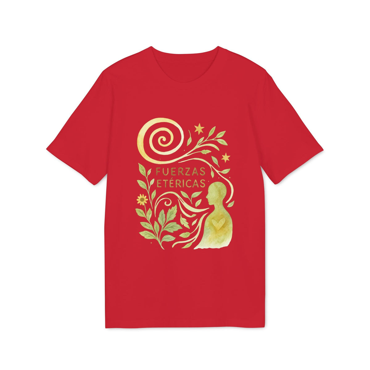 Fuerzas Etericas Waldorf Premium Unisex T-Shirt roja con ilustración “Fuerzas Etéricas”, remolino y hojas en tono dorado