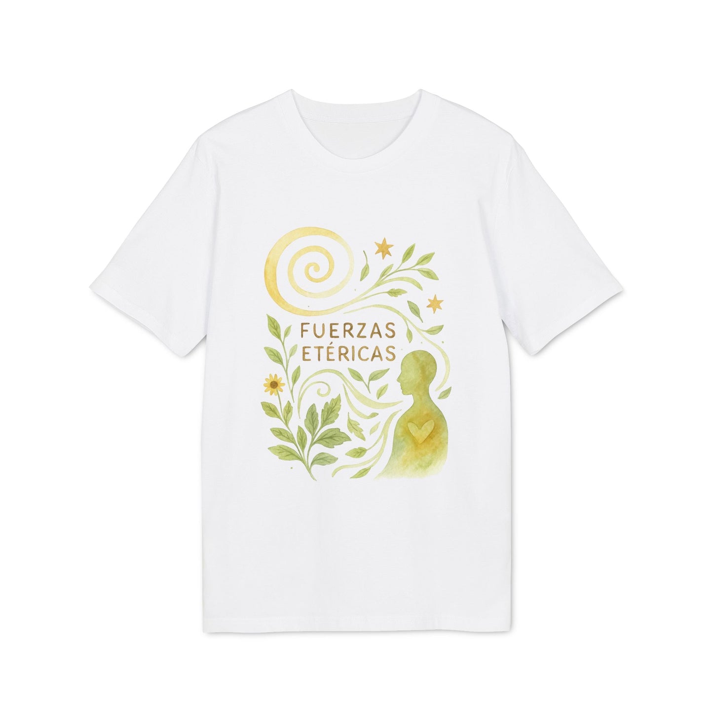 Fuerzas Etericas Waldorf Premium Unisex T-Shirt blanca con ilustración botánica y figura humana en acuarela, texto “Fuerzas Etéricas”