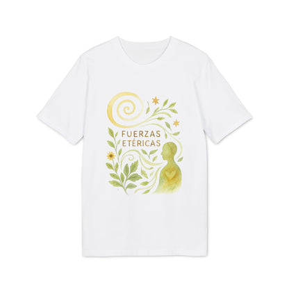 Fuerzas Etericas Waldorf Premium Unisex T-Shirt blanca con ilustración botánica y figura humana en acuarela, texto “Fuerzas Etéricas”