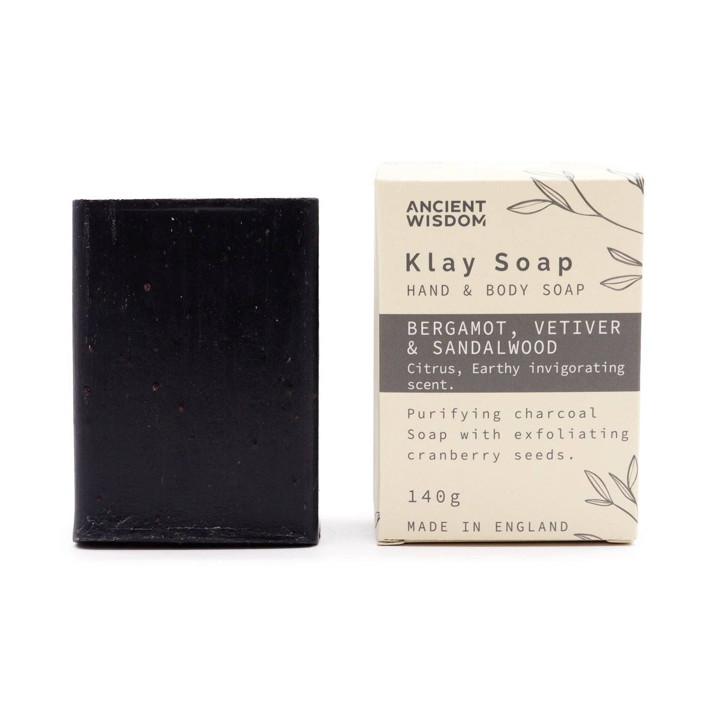 Alt Tag: Fuller’s Earth Clay Soap – Bergamot & Sandalwood bar with packaging, clay soap with charcoal, shea butter and cranberry seeds, 140g