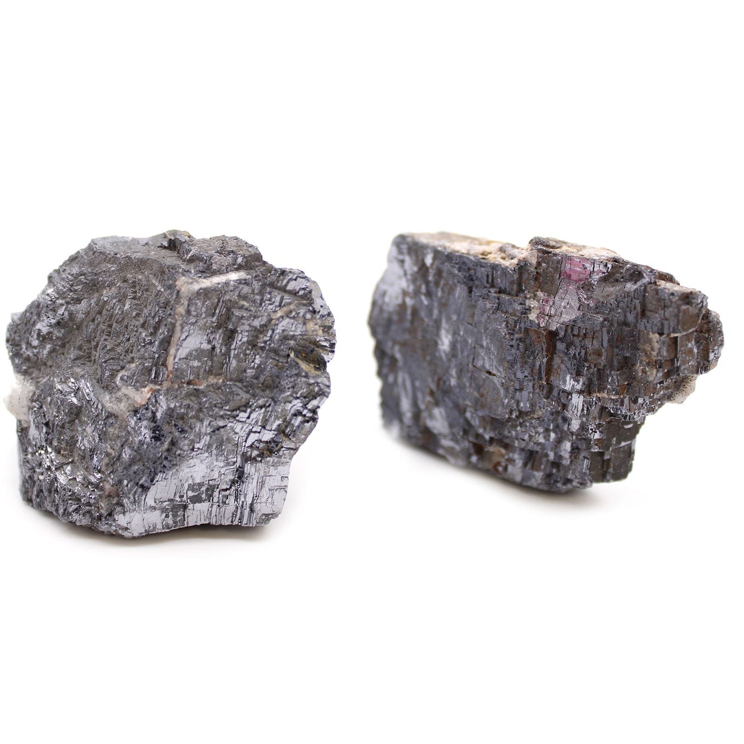 Alt Tag: Galena Rare Mineral Specimens – Approx 80 Pieces, dos muestras de mineral galena plateado-gris con textura cristalina sobre fondo blanco