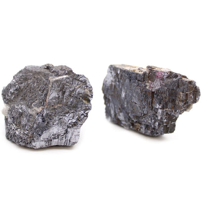 Alt Tag: Galena Rare Mineral Specimens – Approx 80 Pieces, dos muestras de mineral galena plateado-gris con textura cristalina sobre fondo blanco