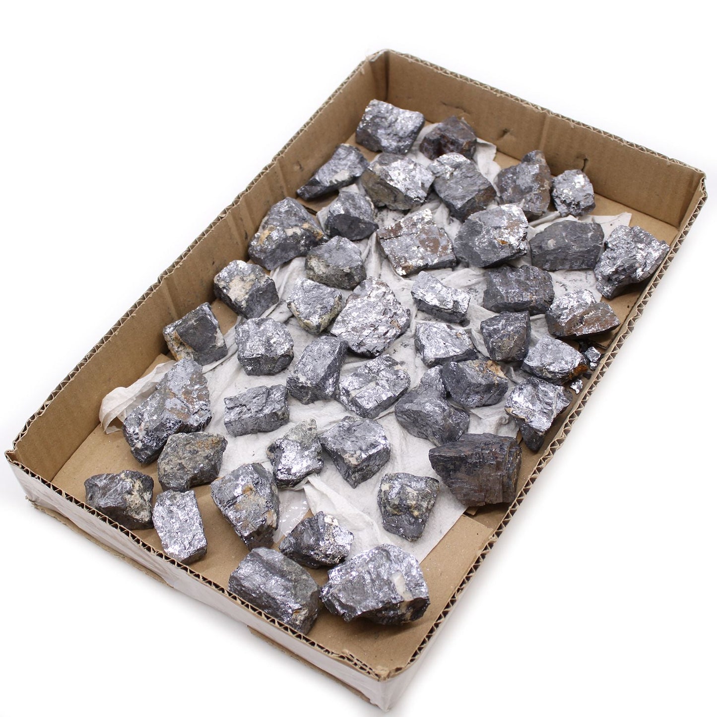 Galena Rare Mineral Specimens – Approx 80 Pieces in cardboard tray, rough silver-gray galena crystal chunks for collectors