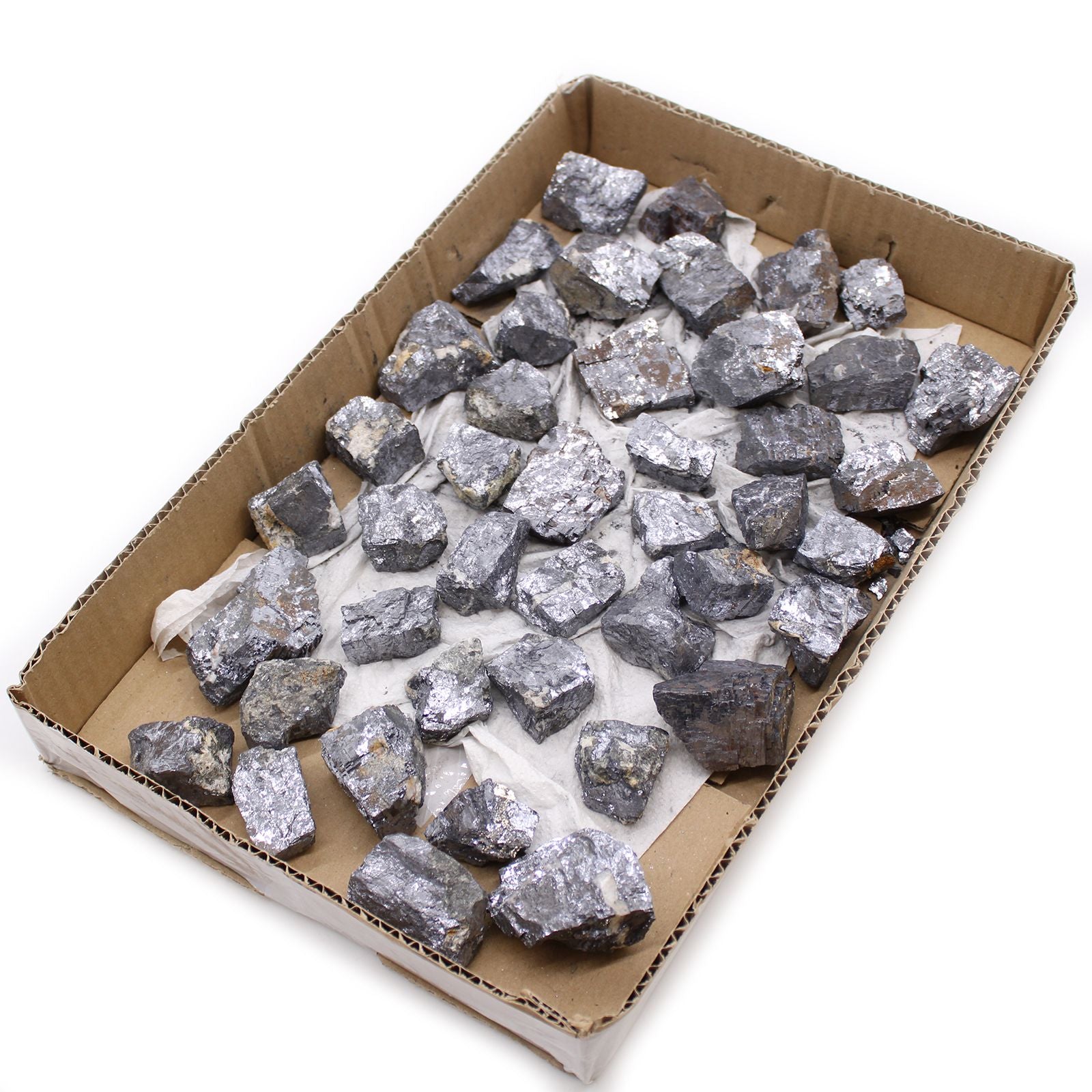Galena Rare Mineral Specimens – Approx 80 Pieces in cardboard tray, rough silver-gray galena crystal chunks for collectors