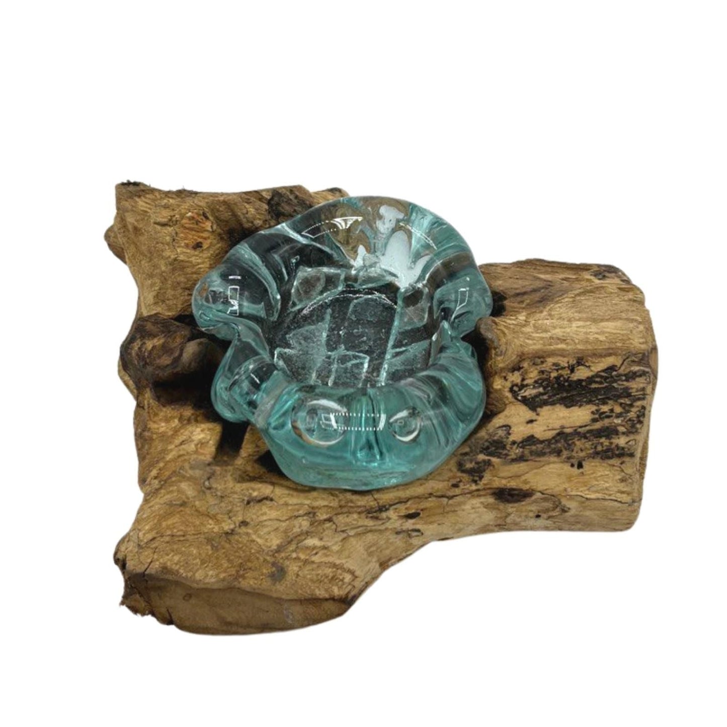 Alt-tag: Gamal Root ljusstake i smält glas – 14x17x9 cm, handgjord ljushållare i smält glas på gamalrot