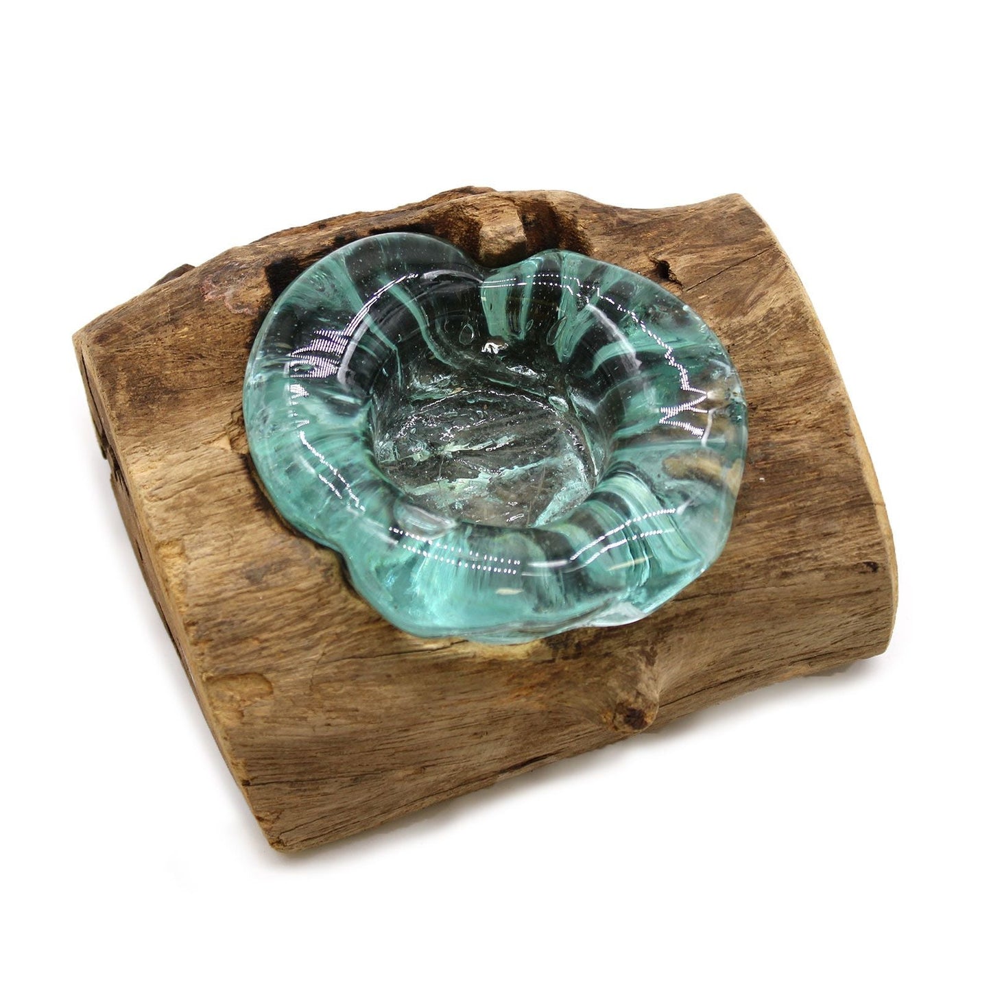 Gamal Root ljushållare i smält glas – 14x17x9 CM, handblåst grön skål i smält glas på naturlig bas i Gamal-roträ