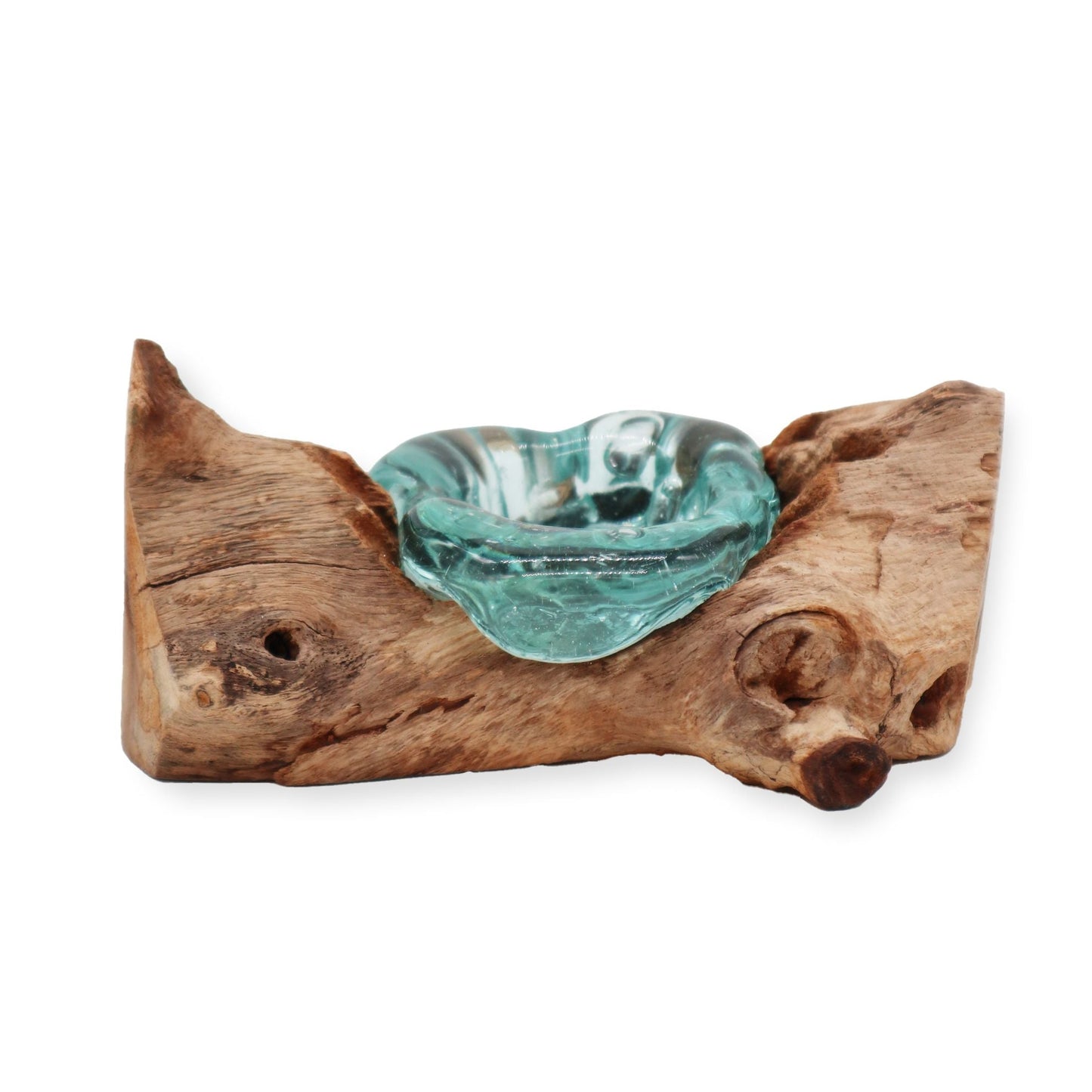Gamal Root ljushållare i smält glas – 14x17x9 CM med handblåst glasskål i aqua på naturlig Gamal rotträ