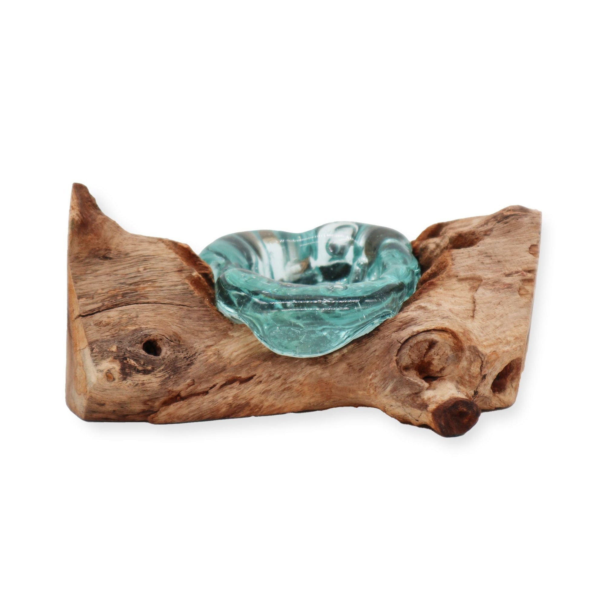 Gamal Root ljushållare i smält glas – 14x17x9 CM med handblåst glasskål i aqua på naturlig Gamal rotträ