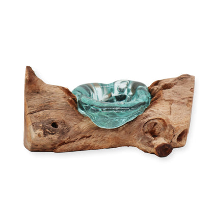 Gamal Root ljushållare i smält glas – 14x17x9 CM med handblåst glasskål i aqua på naturlig Gamal rotträ