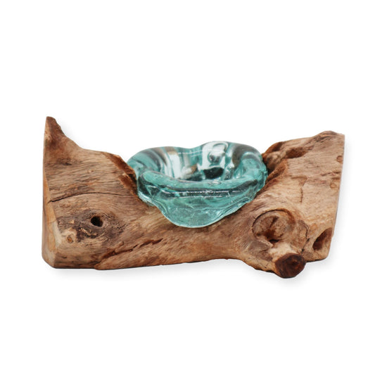 Gamal Root Molten Glass Candle Holder – 14x17x9 CM with aqua hand-blown glass bowl on natural Gamal root wood
