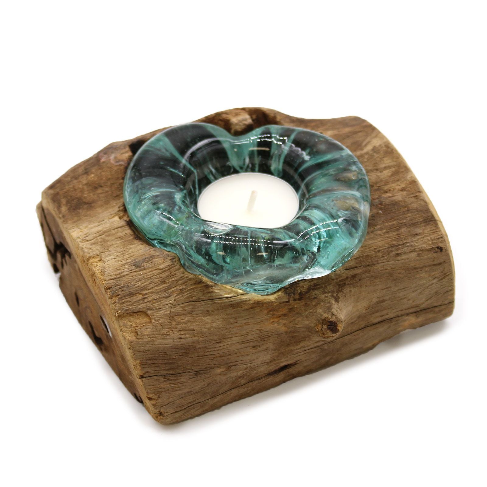 Alt-tagg: Gamal Root Molten Glass ljushållare – 14x17x9 CM med teal handblåst glasskål på bas i naturligt trä för värmeljus