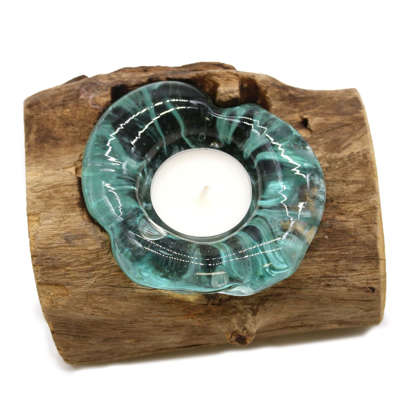 Gamal Root ljusstake i smält glas – 14x17x9 CM, handgjord ljusstake i blått smält glas på Gamal-trärot