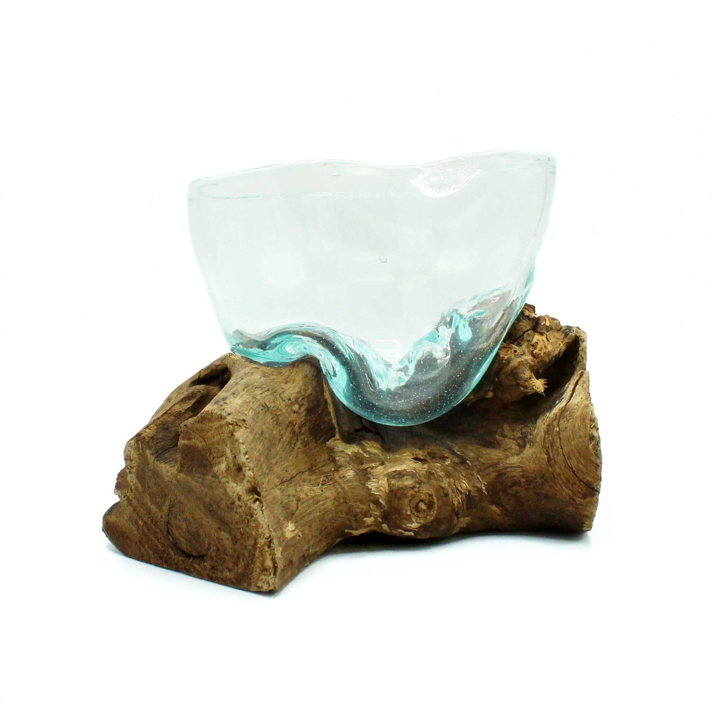 Alt Tag: Gamal Wood Base Molten Glass Bowl – Unik design, handgjord med transparent, vågigt glas på en rustik bas i Gamal-trä